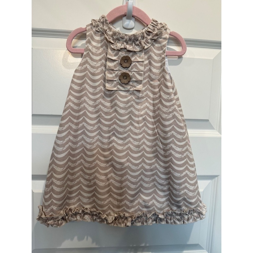 Hannah Kate Girls Taupe Scallop Wave Ruffle Dress Size 2 Floral Buttons USA